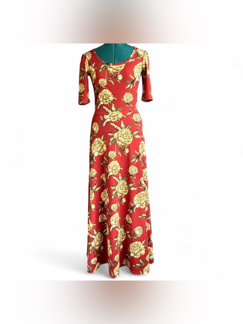 LuLaRoe Red Maxi Dress with Yellow Rose Print